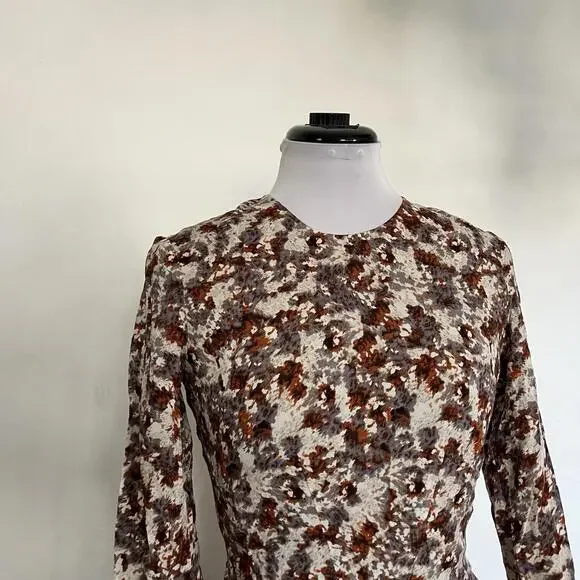 H&M Size 2 Floral Long Sleeve Fit & Flare Mini Dress Brown Orange Fall Summer - Picture 4 of 6